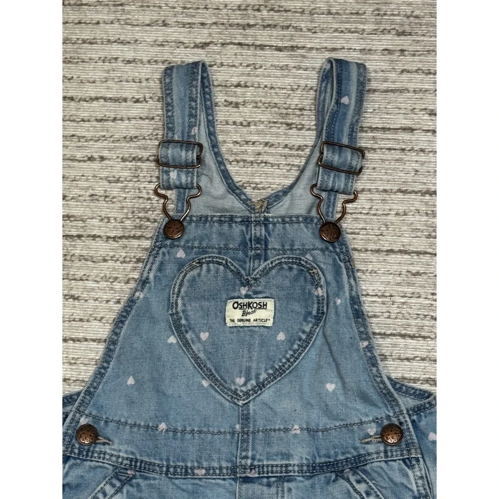 OshKosh Bgosh Girls 4T Blue Denim Heart Print‎ Overalls Heart Bib Pocket